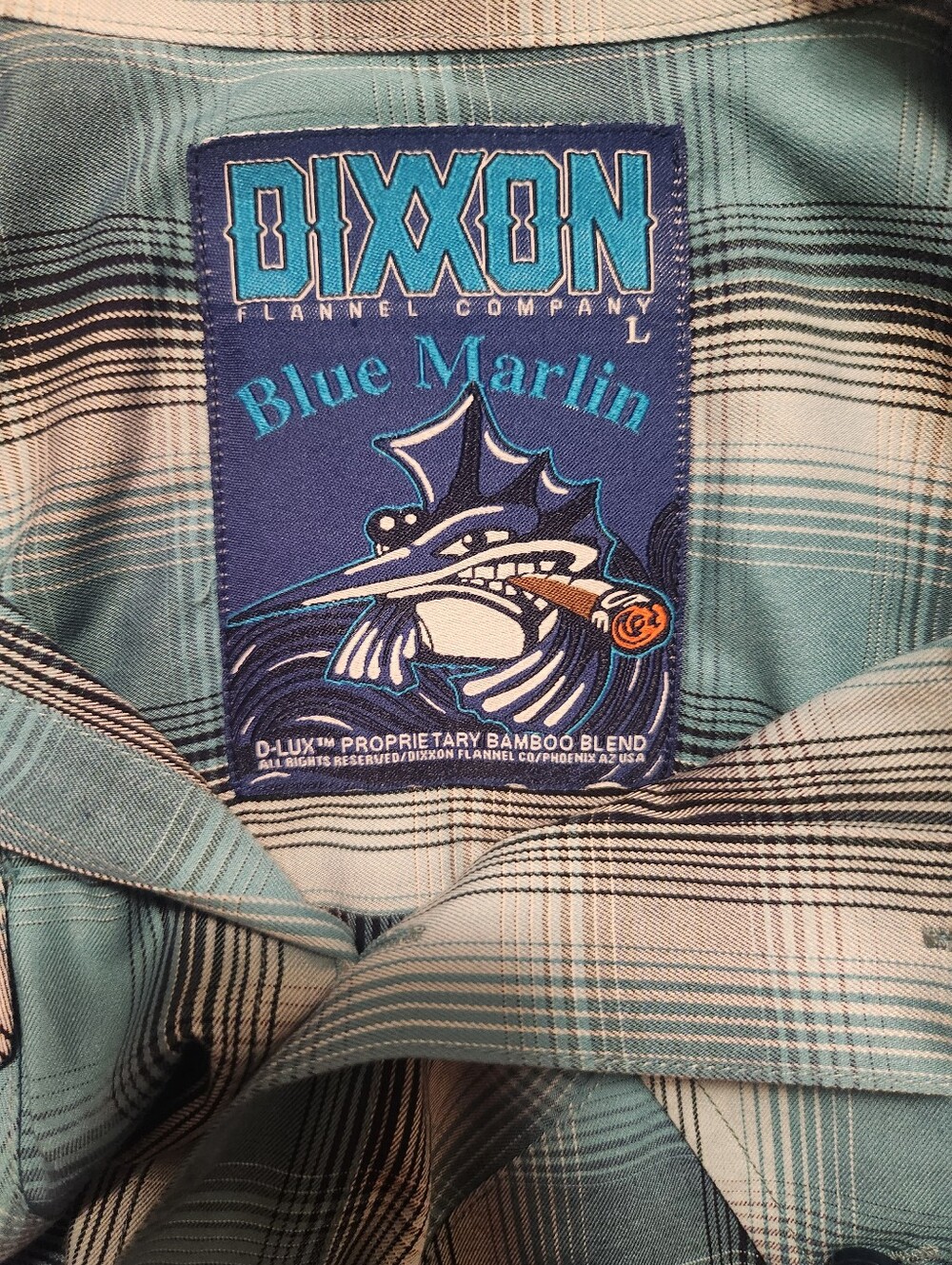 Dixxon Flannel Co Button Down Shirt Mens Medium Blue Marlin Plaid D-Lux Bamboo - Picture 8 of 9